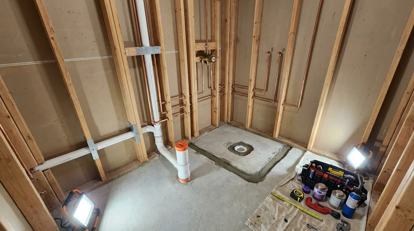 Bathroom rough-in plumbing during remodel by Johns Plumbing LLC in Yamhill