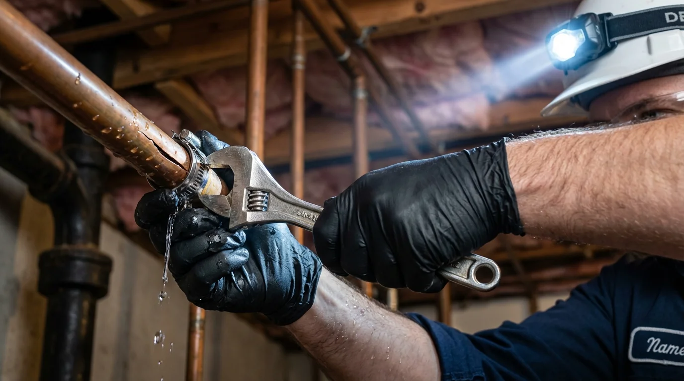 Emergency pipe clamp repair being performed by a Johns Plumbing LLC plumber in Yamhill