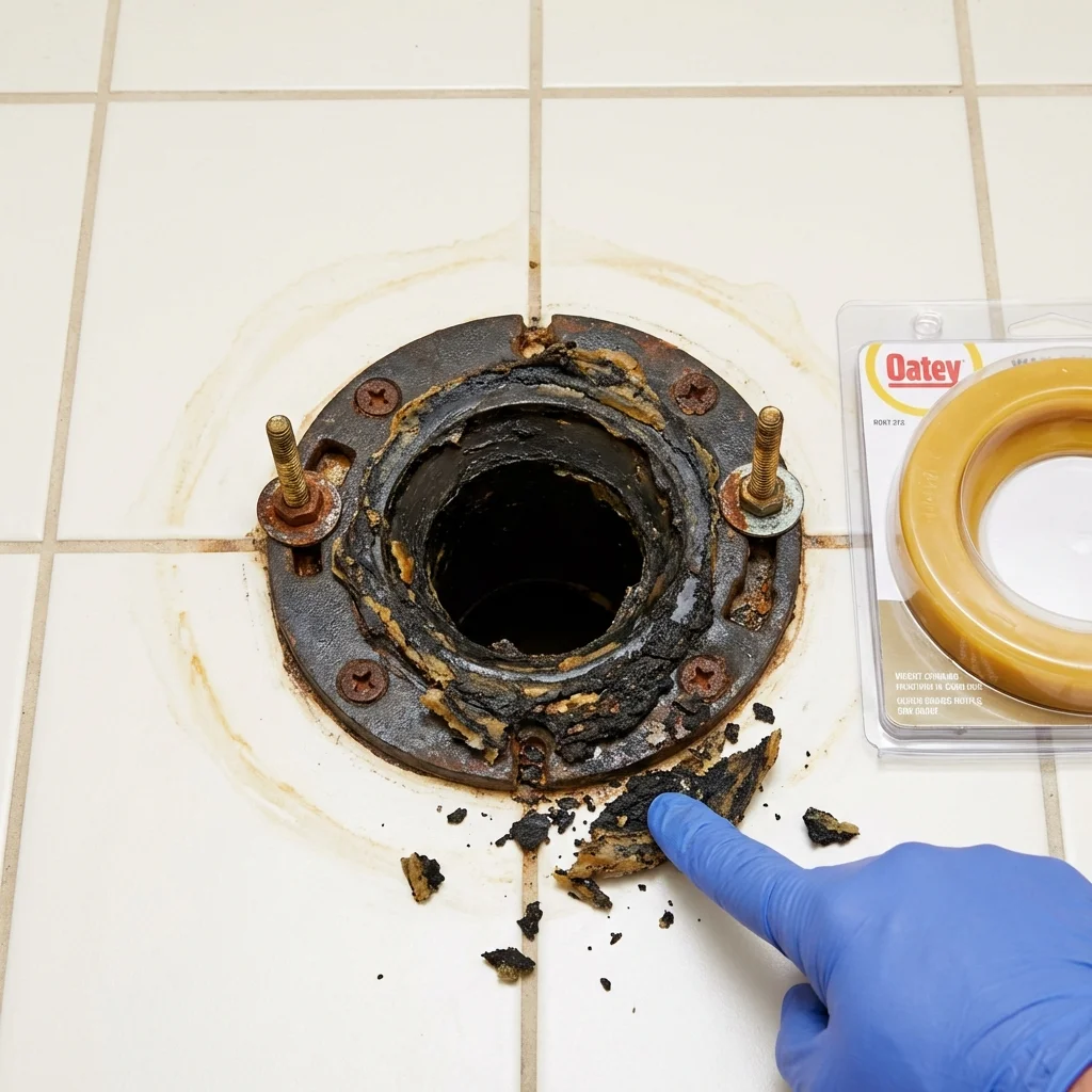 Failed wax ring showing water seepage at the base of a toilet in a Yamhill, OR home