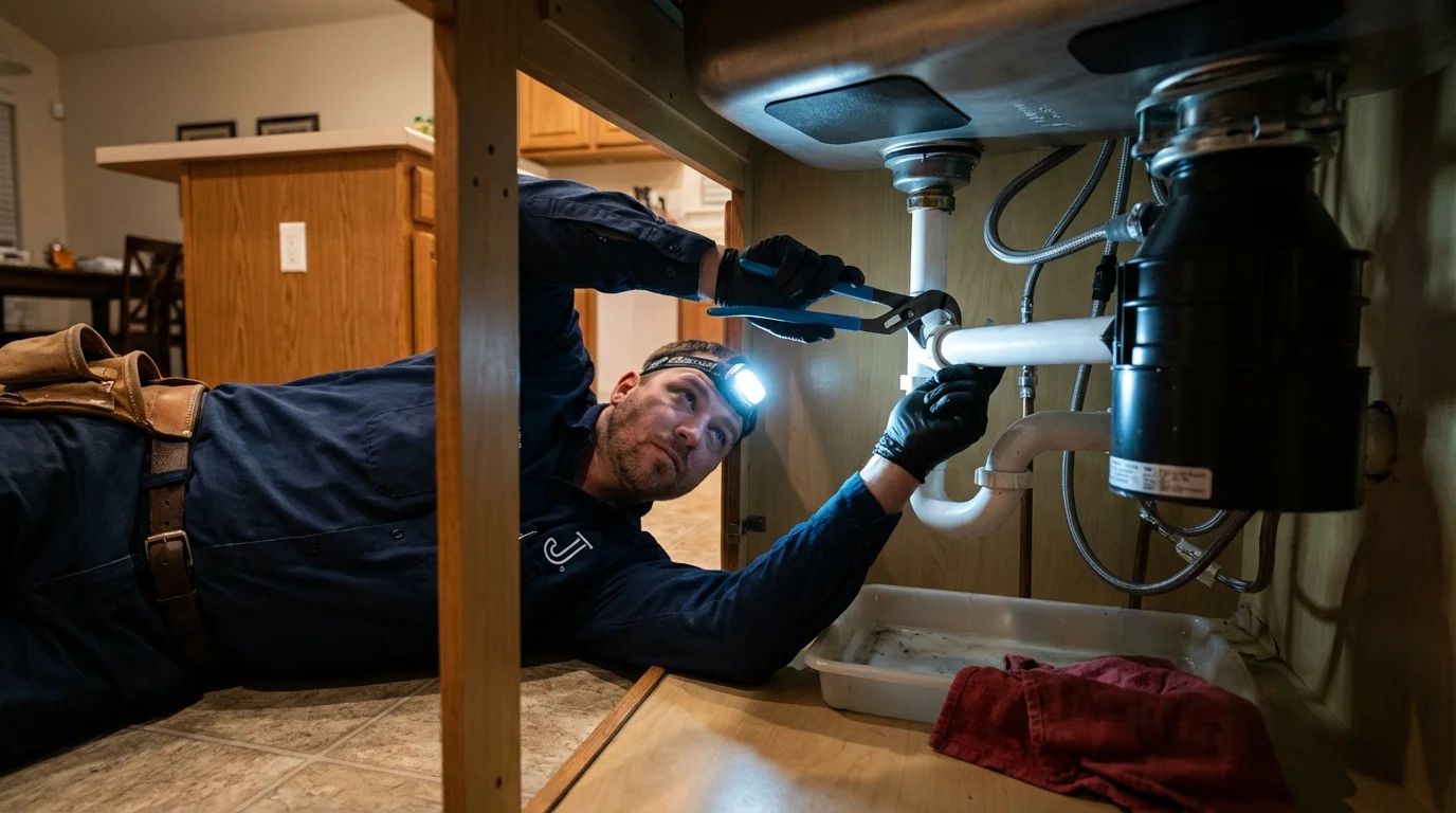 P-trap and supply line connections under a kitchen sink showing a common leak point in Yamhill, OR